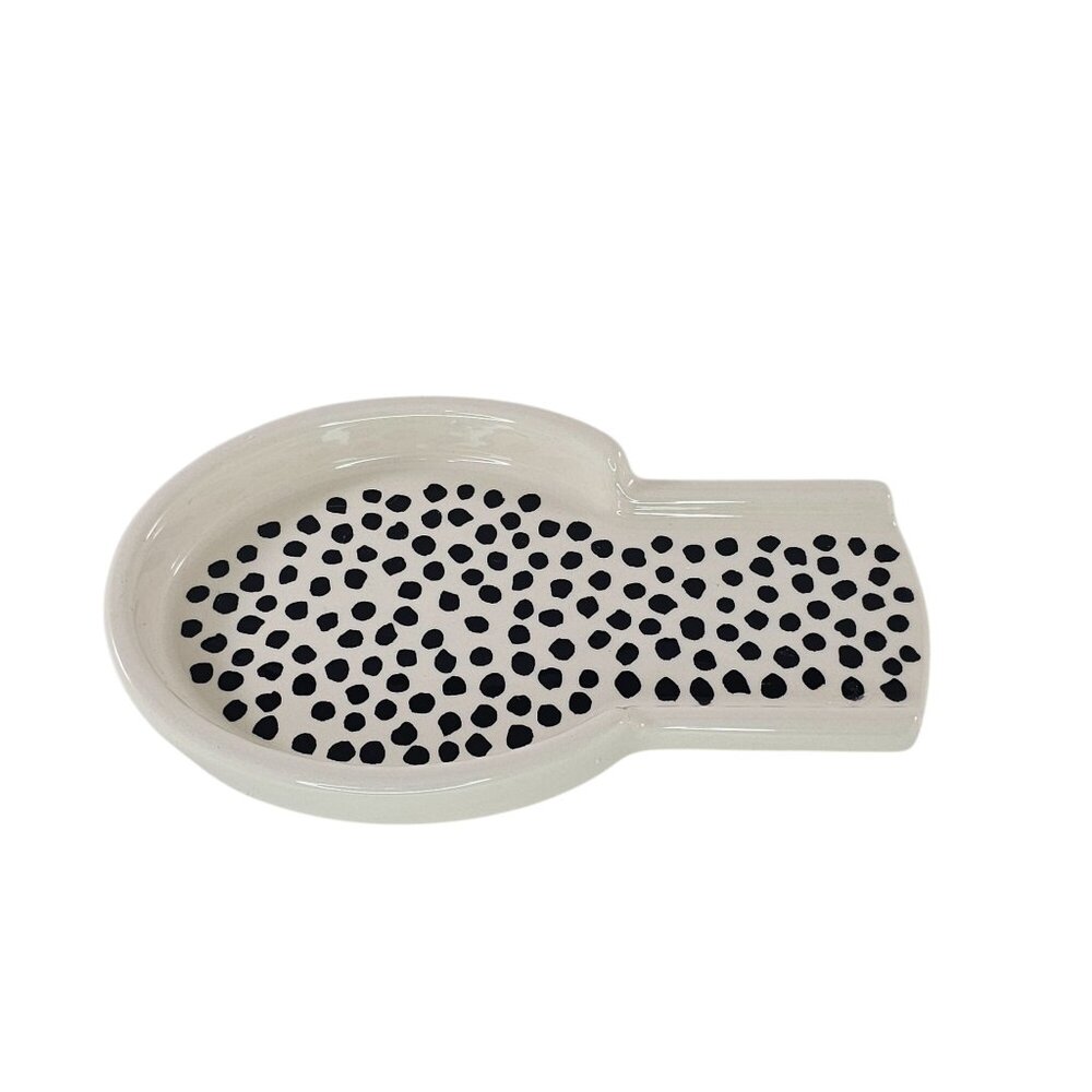 Thyme & Table Stoneware Spoon Rest Black Polka Dot Design Dishwasher Safe